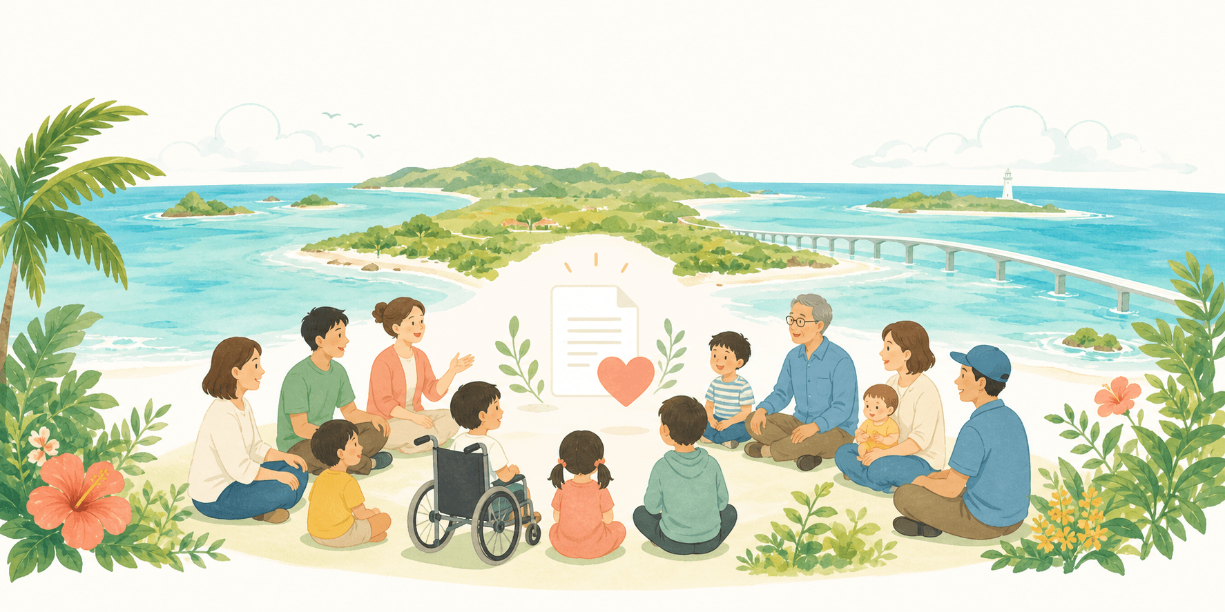 宮古島の子どもと大人が輪になって話しているイラスト